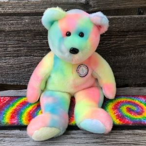 The Beanie Buddies Collection by TY 2001 B.B. Tie Dye Birthday Buddy Bear💛💙🩷